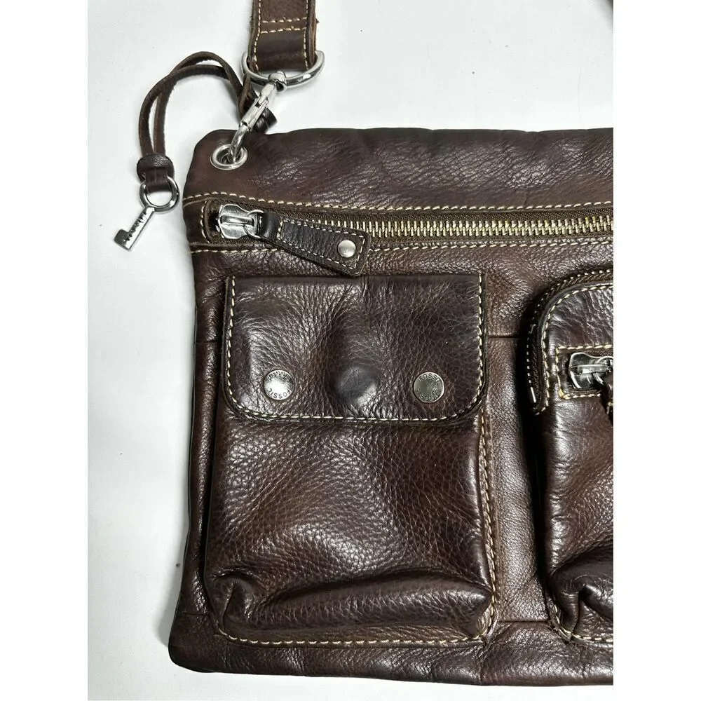 Fossil Sutter Crossbody Handbag Bronze Brown Leather Zip Top Shoulder Bag Purse